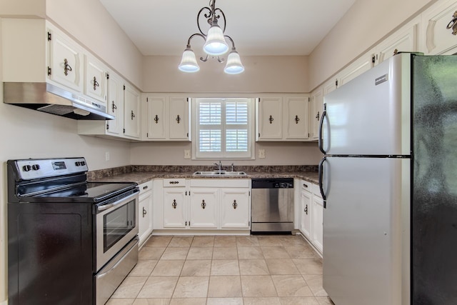 117 N High St, Waynesboro, TN 38485 - kitchen with appliances with stainless steel finishes, under cabinet range hood, dark countertops, a chandelier, and white cabinets