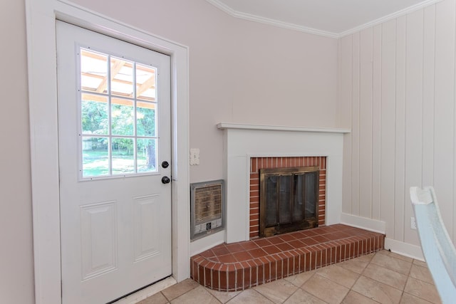 117 N High St, Waynesboro, TN 38485 - living area with ornamental molding, a fireplace, light tile patterned floors, and heating unit