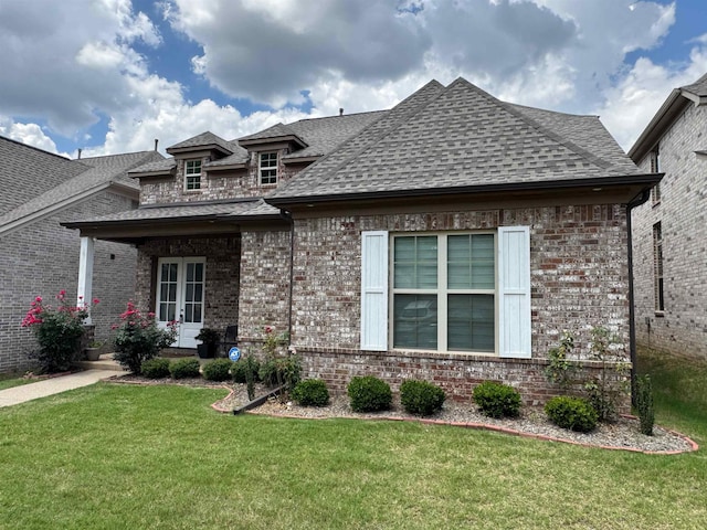 7412 Lost Trail Dr, Cordova, TN 38016 - french country style house with roof with shingles, a front yard, brick siding, and french doors