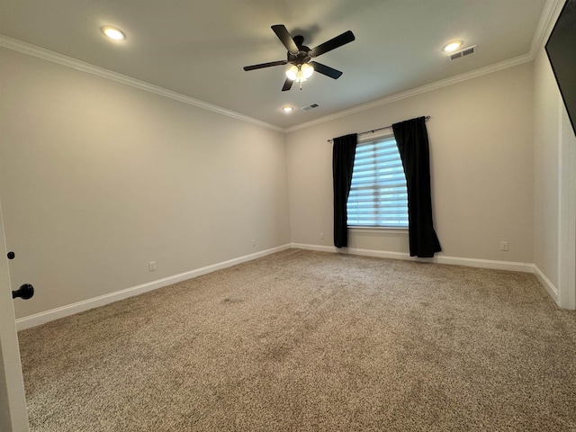 7412 Lost Trail Dr, Cordova, TN 38016 - spare room with light colored carpet, ceiling fan, crown molding, and recessed lighting