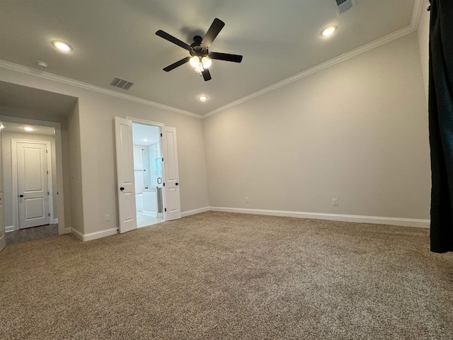 7412 Lost Trail Dr, Cordova, TN 38016 - empty room with a ceiling fan, carpet, ornamental molding, recessed lighting, and a smoke detector