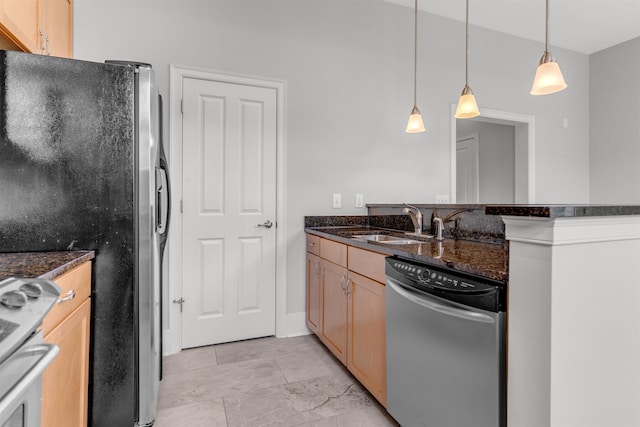621 Denmark Dr Unit 201, Memphis, TN 38103 - kitchen with stainless steel dishwasher, freestanding refrigerator, white electric stove, a peninsula, and hanging light fixtures