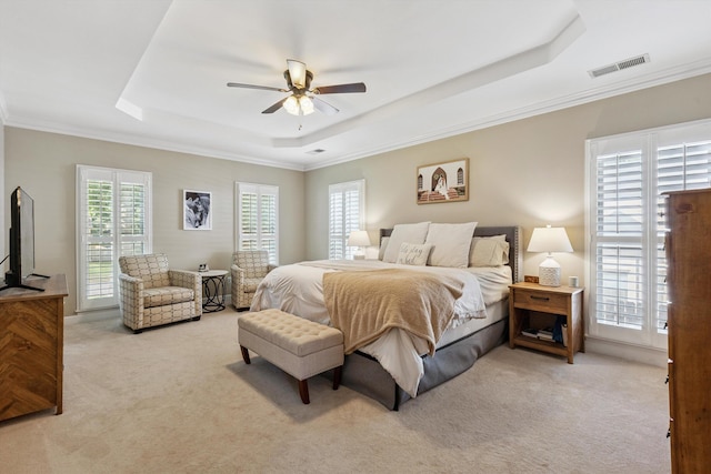 927 Oakmont Ridge Cv, Collierville, TN 38017 - bedroom featuring a raised ceiling, carpet flooring, crown molding, and ceiling fan