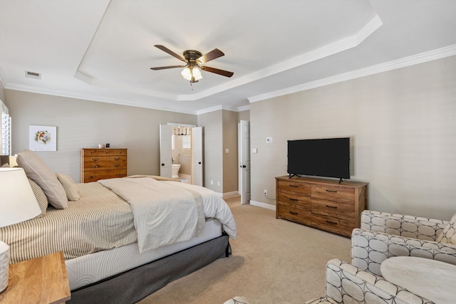 927 Oakmont Ridge Cv, Collierville, TN 38017 - bedroom featuring a raised ceiling, light colored carpet, crown molding, ensuite bath, and a ceiling fan