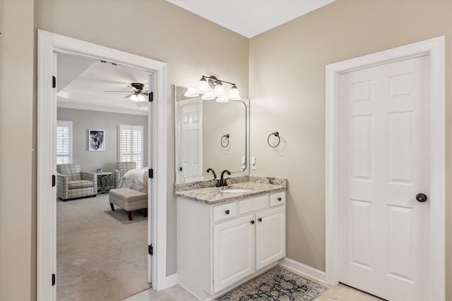 927 Oakmont Ridge Cv, Collierville, TN 38017 - bathroom featuring a ceiling fan, vanity, and ornamental molding