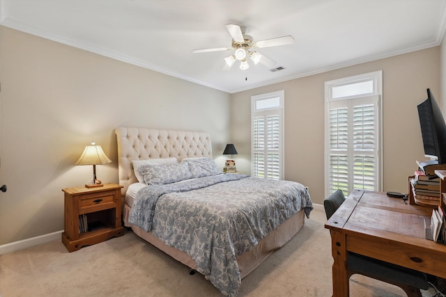 927 Oakmont Ridge Cv, Collierville, TN 38017 - bedroom featuring light colored carpet, ornamental molding, an office area, and ceiling fan