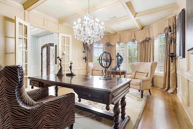 269 N Monterey Farms Cv, Collierville, TN 38017 - home office featuring a decorative wall, light wood finished floors, coffered ceiling, beamed ceiling, and a chandelier