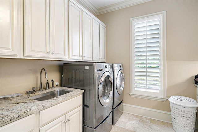 269 N Monterey Farms Cv, Collierville, TN 38017 - laundry room with separate washer and dryer, cabinet space, and crown molding