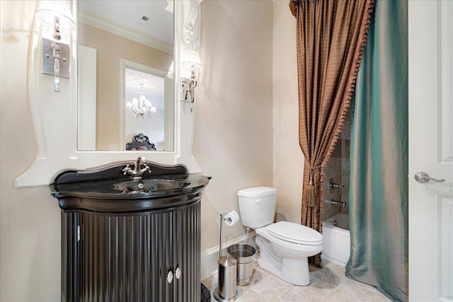 269 N Monterey Farms Cv, Collierville, TN 38017 - bathroom featuring crown molding, vanity, shower / bath combo with shower curtain, a chandelier, and tile patterned flooring