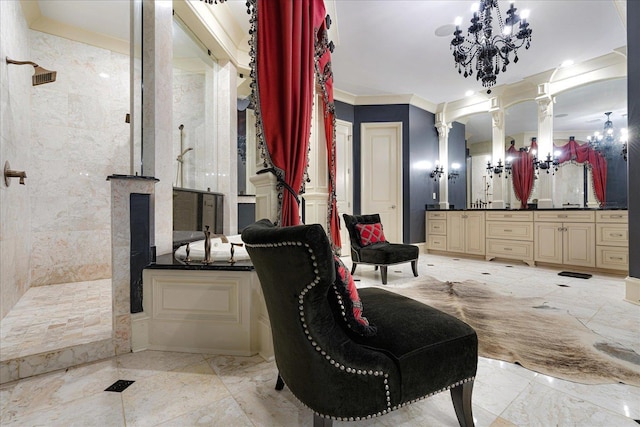 269 N Monterey Farms Cv, Collierville, TN 38017 - full bathroom featuring ornate columns, a walk in shower, vanity, a chandelier, and marble tiled floors
