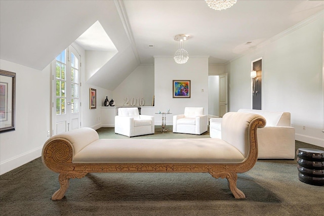 269 N Monterey Farms Cv, Collierville, TN 38017 - carpeted living room featuring a chandelier, crown molding, and vaulted ceiling