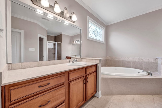 1062 Center Ridge Rd, Collierville, TN 38017 - full bath with tile patterned flooring, vanity, a bath, a stall shower, and ornamental molding