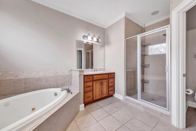 1062 Center Ridge Rd, Collierville, TN 38017 - full bathroom with vanity, a tub with jets, tile patterned flooring, a shower stall, and crown molding