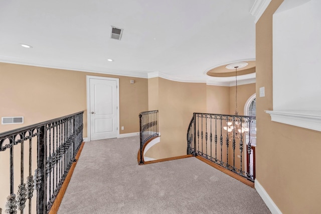 1062 Center Ridge Rd, Collierville, TN 38017 - corridor featuring ornamental molding, an upstairs landing, carpet, and recessed lighting