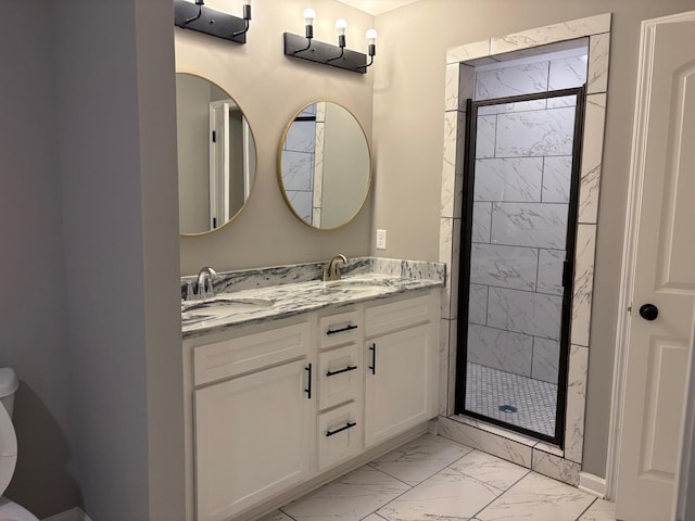 3758 Longfellow Rd, Memphis, TN 38108 - bathroom featuring marble finish flooring, double vanity, and a stall shower