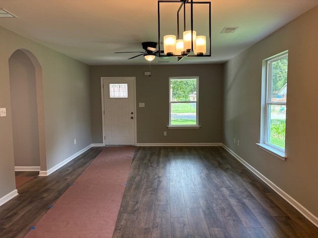 3758 Longfellow Rd, Memphis, TN 38108 - foyer featuring dark wood-style flooring, a ceiling fan, and arched walkways