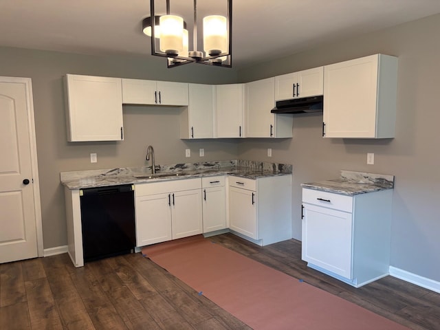 3758 Longfellow Rd, Memphis, TN 38108 - kitchen with dishwasher, dark wood-style flooring, under cabinet range hood, and white cabinetry
