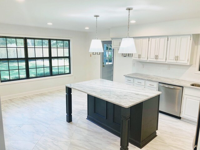 5587 S Ashley Sq S, Memphis, TN 38120 - kitchen featuring dishwasher, white cabinetry, a center island, light stone countertops, and recessed lighting