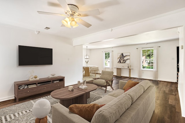 1149 Abbeville St, Collierville, TN 38017 - living area featuring dark wood-style flooring, a ceiling fan, and ornamental molding