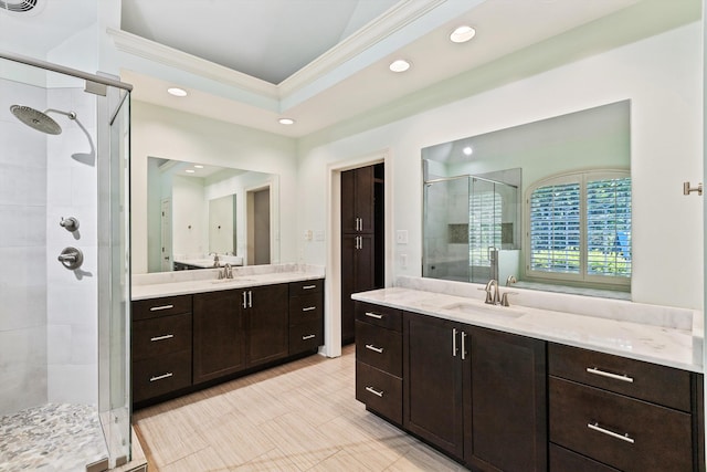 2912 Carnton Dr, Germantown, TN 38138 - full bath featuring ornamental molding, a shower stall, two vanities, and recessed lighting