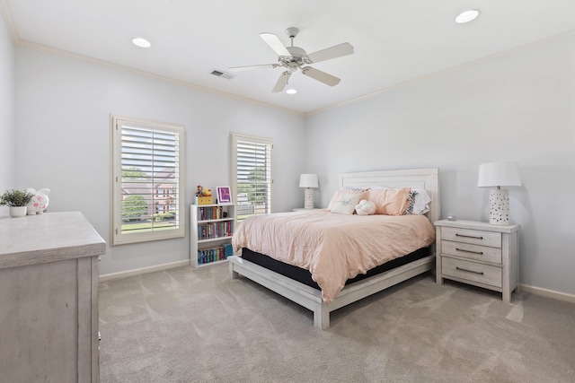 2912 Carnton Dr, Germantown, TN 38138 - bedroom featuring ornamental molding, light carpet, recessed lighting, and a ceiling fan