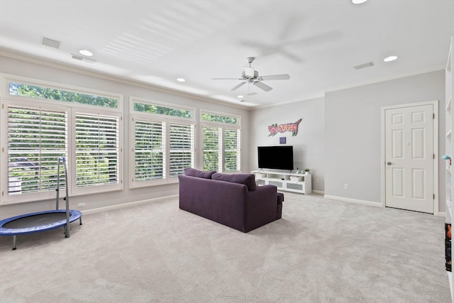 2912 Carnton Dr, Germantown, TN 38138 - living area with ornamental molding, a ceiling fan, recessed lighting, and carpet