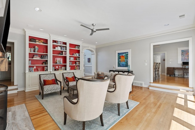 2912 Carnton Dr, Germantown, TN 38138 - living area with ceiling fan, ornamental molding, light wood-style flooring, and recessed lighting