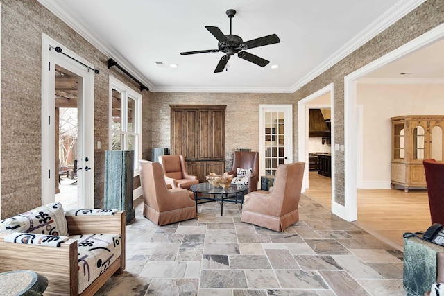 3217 Pointe Hill Cv, Memphis, TN 38125 - living room with french doors, ceiling fan, crown molding, and light stone finish floors
