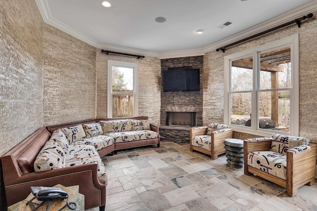 3217 Pointe Hill Cv, Memphis, TN 38125 - living room with ornamental molding, a stone fireplace, and stone finish floors