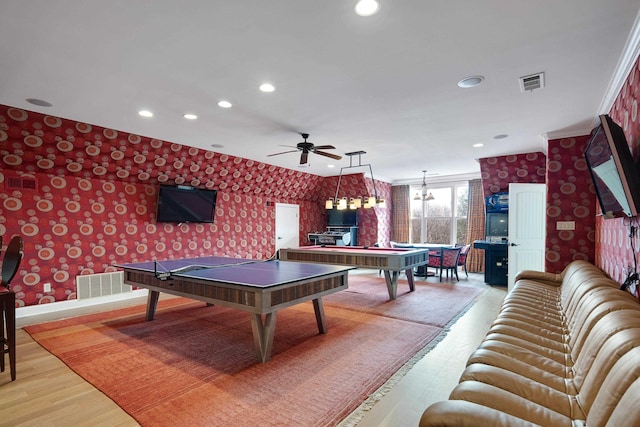 3217 Pointe Hill Cv, Memphis, TN 38125 - recreation room featuring wallpapered walls, light wood-style flooring, recessed lighting, a ceiling fan, and billiards