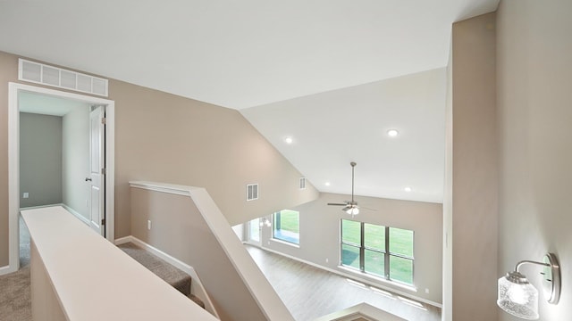 131 Pritchett Cv, Munford, TN 38058 - stairs featuring lofted ceiling, a ceiling fan, recessed lighting, and carpet flooring