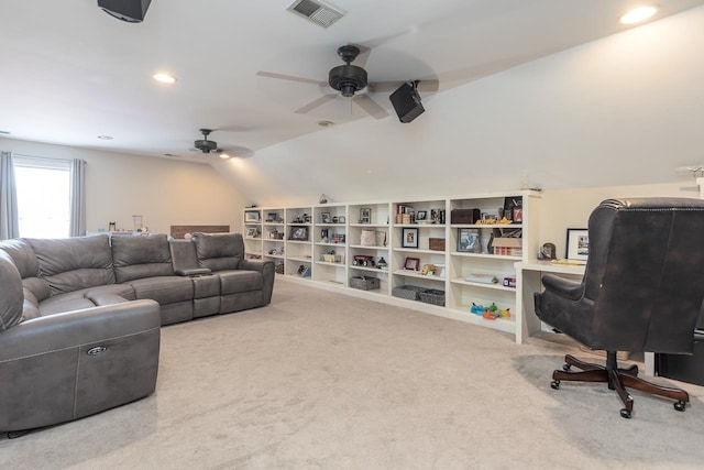 437 Duscoe St, Collierville, TN 38017 - carpeted home theater room with vaulted ceiling, a ceiling fan, and recessed lighting