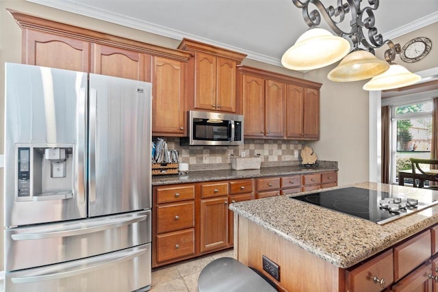 1775 Lisson Cv, Collierville, TN 38017 - kitchen with appliances with stainless steel finishes, crown molding, light stone countertops, tasteful backsplash, and brown cabinetry