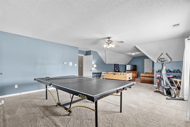 1775 Lisson Cv, Collierville, TN 38017 - recreation room with carpet flooring, ceiling fan, a textured ceiling, and vaulted ceiling