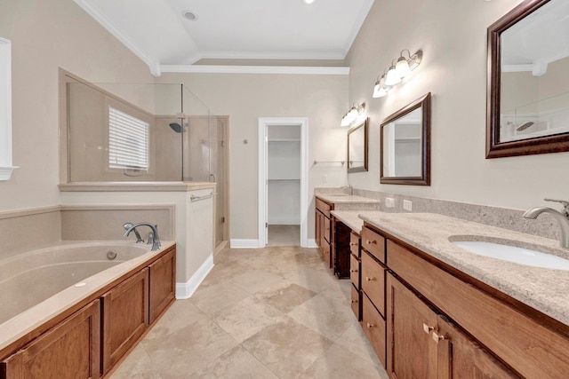 1160 Harbor River Cv, Memphis, TN 38103 - full bathroom featuring a stall shower, vanity, a garden tub, crown molding, and tile patterned floors
