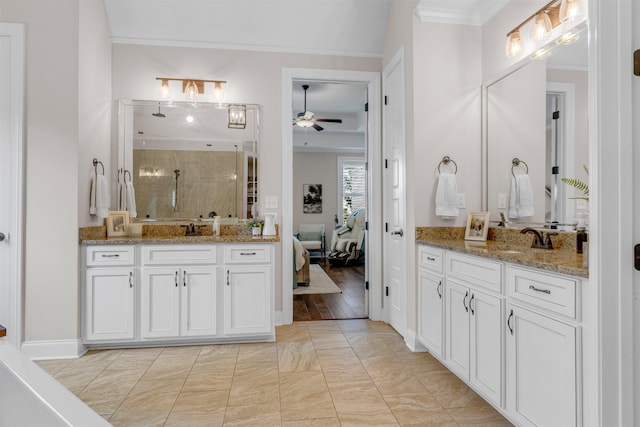 4712 Carousel Ln, Collierville, TN 38017 - full bath with connected bathroom, a ceiling fan, vanity, a stall shower, and crown molding