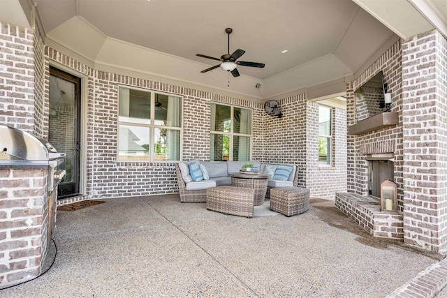 4712 Carousel Ln, Collierville, TN 38017 - view of patio / terrace with an outdoor living space with a fireplace, area for grilling, and a ceiling fan