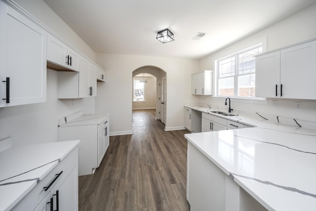 1692 Euclid Ave, Memphis, TN 38114 - kitchen featuring stainless steel dishwasher, dark wood finished floors, arched walkways, and white cabinets