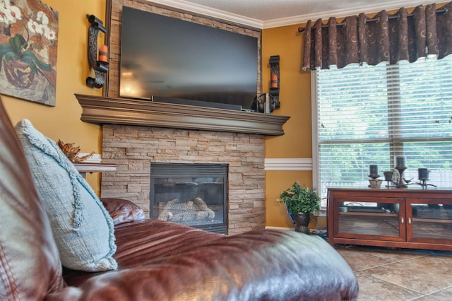 4362 Bridgestone Cir, Bartlett, TN 38135 - living room featuring crown molding, tile patterned floors, and a fireplace