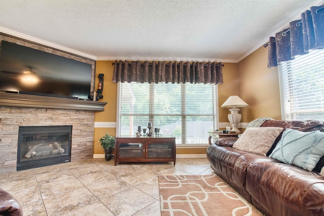 4362 Bridgestone Cir, Bartlett, TN 38135 - living area featuring ornamental molding, a textured ceiling, and a stone fireplace
