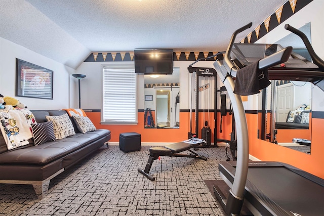4362 Bridgestone Cir, Bartlett, TN 38135 - exercise room with a textured ceiling, carpet, and vaulted ceiling