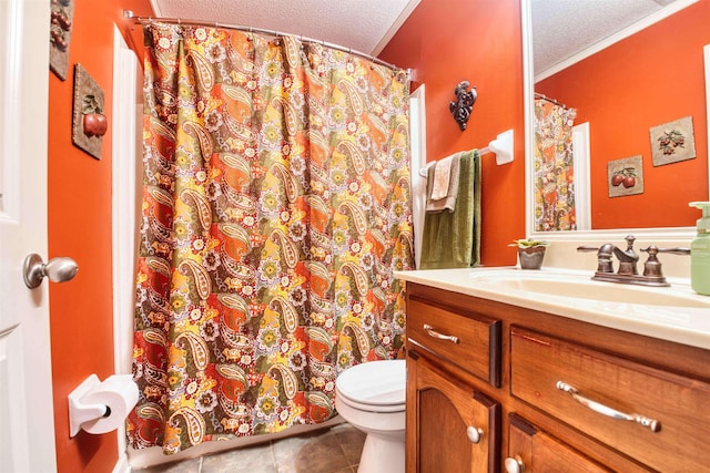 4362 Bridgestone Cir, Bartlett, TN 38135 - bathroom with a textured ceiling, vanity, tile patterned flooring, crown molding, and a shower with shower curtain