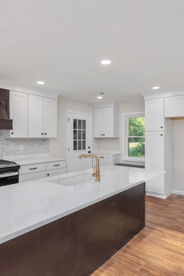 17 County Road 233rd Rd, Corinth, MS 38834 - kitchen featuring white cabinetry, light stone counters, recessed lighting, light wood-style floors, and stainless steel range with gas stovetop