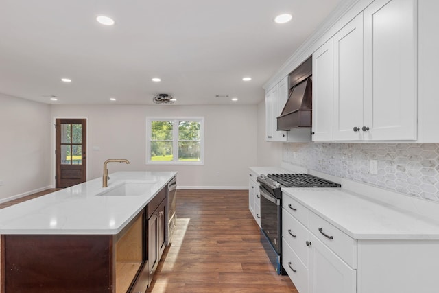 17 County Road 233rd Rd, Corinth, MS 38834 - kitchen featuring stainless steel range with gas cooktop, premium range hood, tasteful backsplash, recessed lighting, and dark wood finished floors