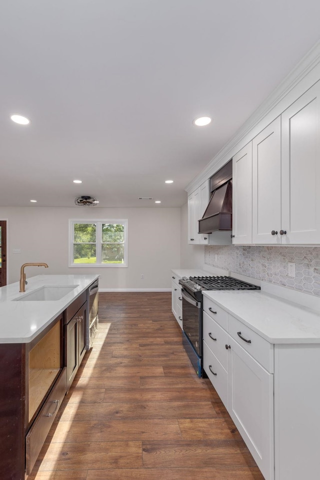 17 County Road 233rd Rd, Corinth, MS 38834 - kitchen featuring range with gas cooktop, premium range hood, white cabinetry, light countertops, and recessed lighting