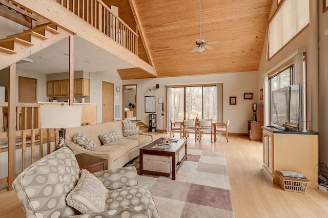 living room featuring ceiling fan, wooden ceiling, high vaulted ceiling, and light wood-type flooring