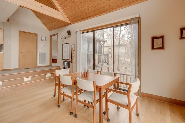 dining area with light hardwood / wood-style flooring, high vaulted ceiling, and wood ceiling