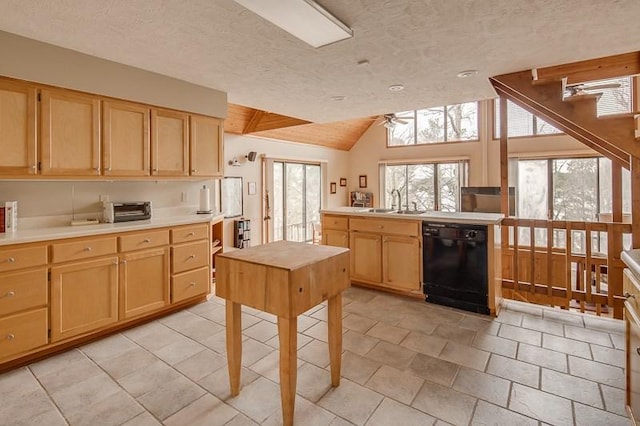 kitchen with black dishwasher, lofted ceiling, a textured ceiling, and light tile floors