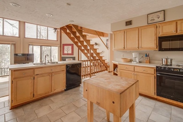 kitchen featuring light brown cabinetry, a kitchen island with sink, sink, and black appliances