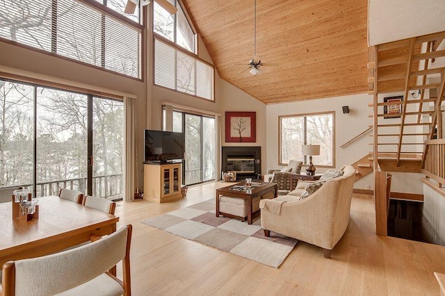 living room with high vaulted ceiling, wooden ceiling, ceiling fan, and light hardwood / wood-style flooring